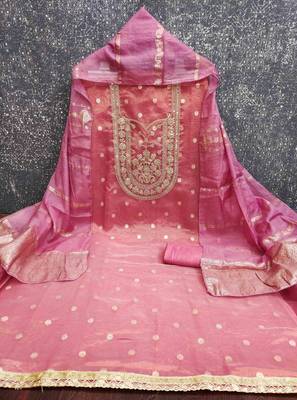 peach silk blend embroidered unstitched dressmaterials 3 pair top bottom dupptaa 2