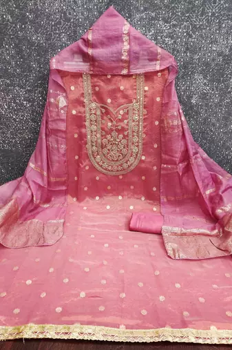 peach silk blend embroidered unstitched dressmaterials 3 pair top bottom dupptaa