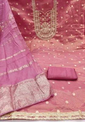peach silk blend embroidered unstitched dressmaterials 3 pair top bottom dupptaa 3