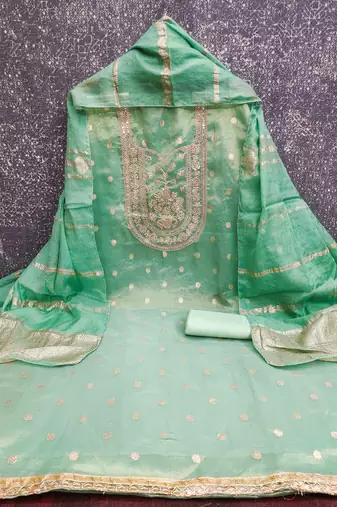 teal silk blend embroidered unstitched dressmaterials 3 pair top bottom dupptaa