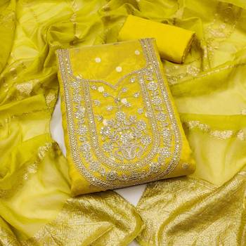 yellow silk blend embroidered unstitched dressmaterials 3 pair top bottom dupptaa 1