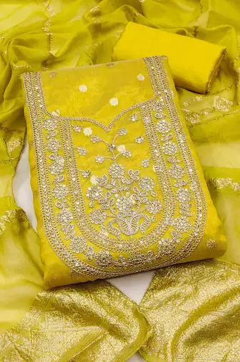 yellow silk blend embroidered unstitched dressmaterials 3 pair top bottom dupptaa