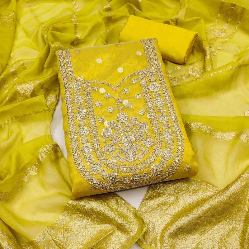 yellow silk blend embroidered unstitched dressmaterials 3 pair top bottom dupptaa