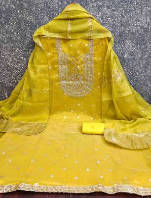 yellow silk blend embroidered unstitched dressmaterials 3 pair top bottom dupptaa 2