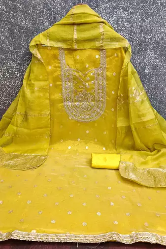 yellow silk blend embroidered unstitched dressmaterials 3 pair top bottom dupptaa
