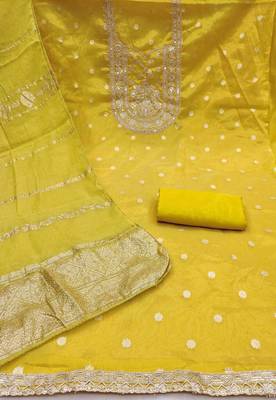yellow silk blend embroidered unstitched dressmaterials 3 pair top bottom dupptaa 3