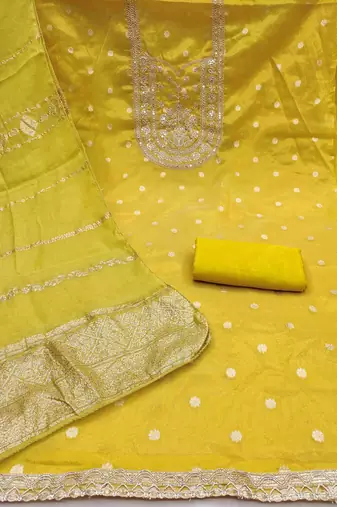 yellow silk blend embroidered unstitched dressmaterials 3 pair top bottom dupptaa
