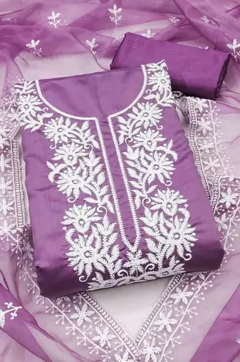 lavender silk blend embroidered unstitched dressmaterials 3 pair top bottom dupptaa