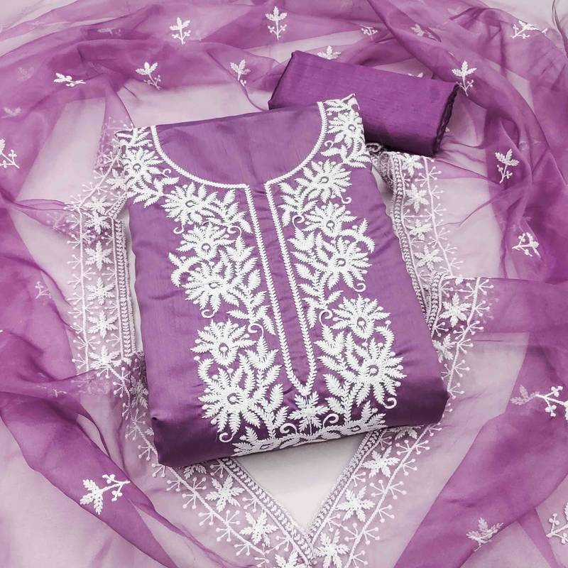 lavender silk blend embroidered unstitched dressmaterials 3 pair top bottom dupptaa