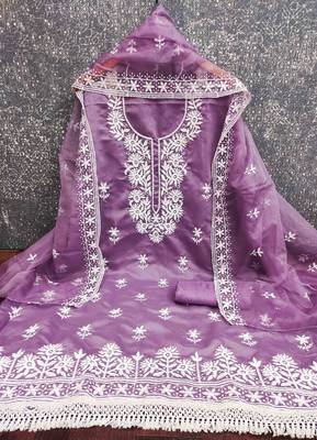 lavender silk blend embroidered unstitched dressmaterials 3 pair top bottom dupptaa 2