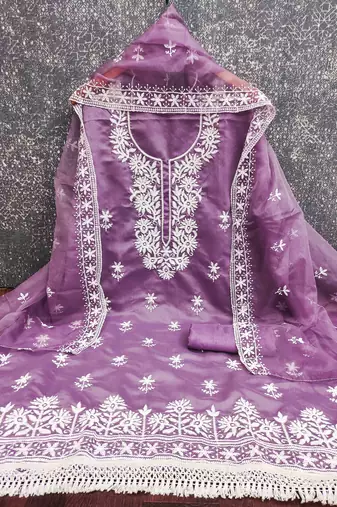 lavender silk blend embroidered unstitched dressmaterials 3 pair top bottom dupptaa