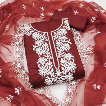 maroon silk blend embroidered unstitched dressmaterials 3 pair top bottom dupptaa 1
