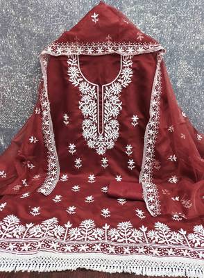 maroon silk blend embroidered unstitched dressmaterials 3 pair top bottom dupptaa 2