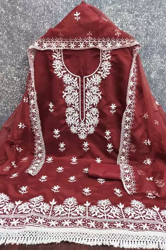 maroon silk blend embroidered unstitched dressmaterials 3 pair top bottom dupptaa