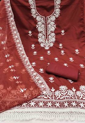 maroon silk blend embroidered unstitched dressmaterials 3 pair top bottom dupptaa 3