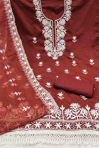 maroon silk blend embroidered unstitched dressmaterials 3 pair top bottom dupptaa