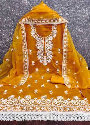 orange silk blend embroidered unstitched dressmaterials 3 pair top bottom dupptaa 2