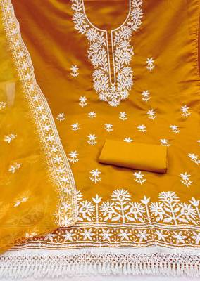 orange silk blend embroidered unstitched dressmaterials 3 pair top bottom dupptaa 3