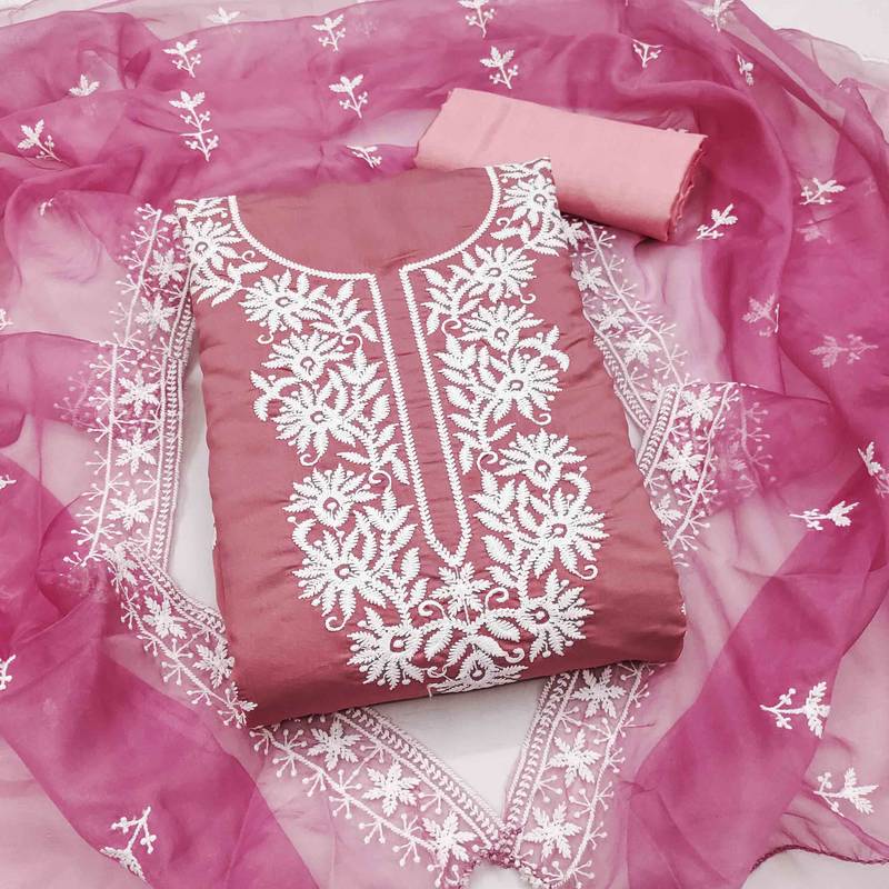pink silk blend embroidered unstitched dressmaterials 3 pair top bottom dupptaa