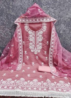pink silk blend embroidered unstitched dressmaterials 3 pair top bottom dupptaa 2