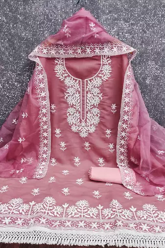 pink silk blend embroidered unstitched dressmaterials 3 pair top bottom dupptaa