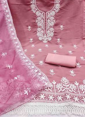 pink silk blend embroidered unstitched dressmaterials 3 pair top bottom dupptaa 3