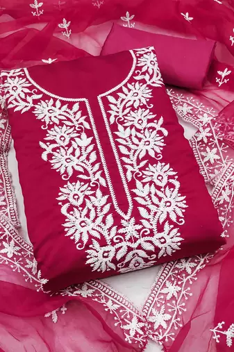 pink silk blend embroidered unstitched dressmaterials 3 pair top bottom dupptaa