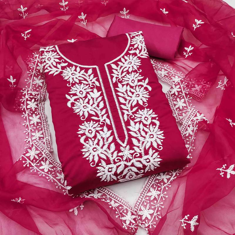 pink silk blend embroidered unstitched dressmaterials 3 pair top bottom dupptaa