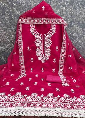 pink silk blend embroidered unstitched dressmaterials 3 pair top bottom dupptaa 2
