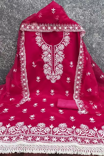pink silk blend embroidered unstitched dressmaterials 3 pair top bottom dupptaa