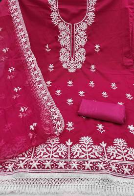 pink silk blend embroidered unstitched dressmaterials 3 pair top bottom dupptaa 3