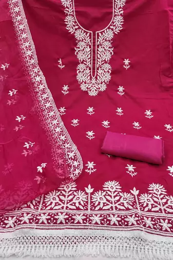 pink silk blend embroidered unstitched dressmaterials 3 pair top bottom dupptaa