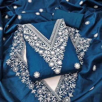 blue cotton blend embroidered unstitched dressmaterials 3 pair top bottom dupptaa 1