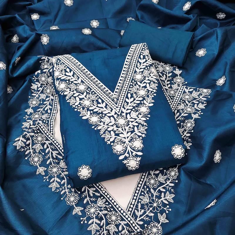 blue cotton blend embroidered unstitched dressmaterials 3 pair top bottom dupptaa