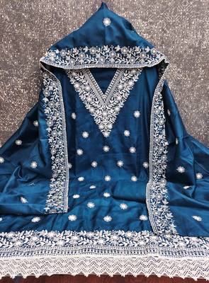 blue cotton blend embroidered unstitched dressmaterials 3 pair top bottom dupptaa 2