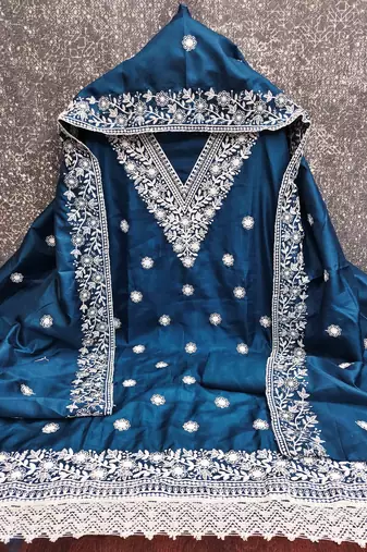 blue cotton blend embroidered unstitched dressmaterials 3 pair top bottom dupptaa