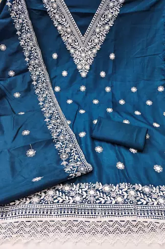 blue cotton blend embroidered unstitched dressmaterials 3 pair top bottom dupptaa
