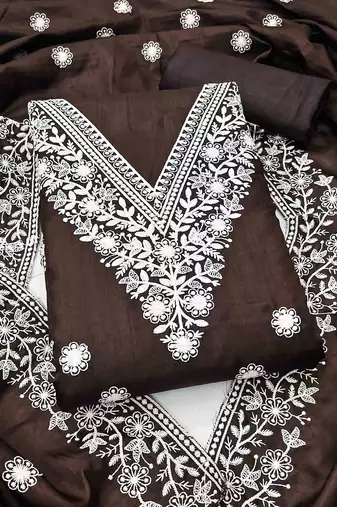 brown cotton blend embroidered unstitched dressmaterials 3 pair top bottom dupptaa