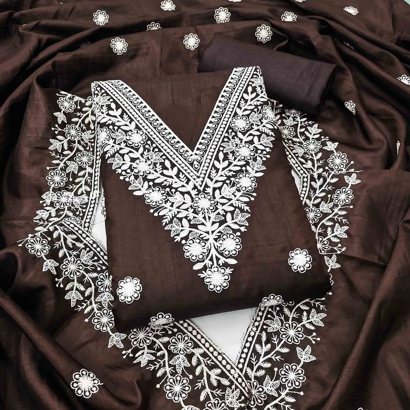 brown cotton blend embroidered unstitched dressmaterials 3 pair top bottom dupptaa