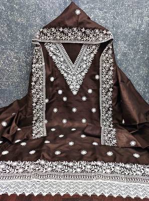 brown cotton blend embroidered unstitched dressmaterials 3 pair top bottom dupptaa 2