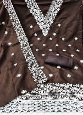 brown cotton blend embroidered unstitched dressmaterials 3 pair top bottom dupptaa 3