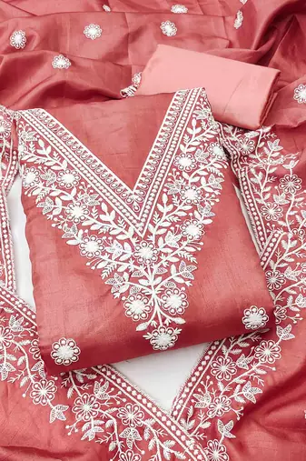 pink cotton blend embroidered unstitched dressmaterials 3 pair top bottom dupptaa