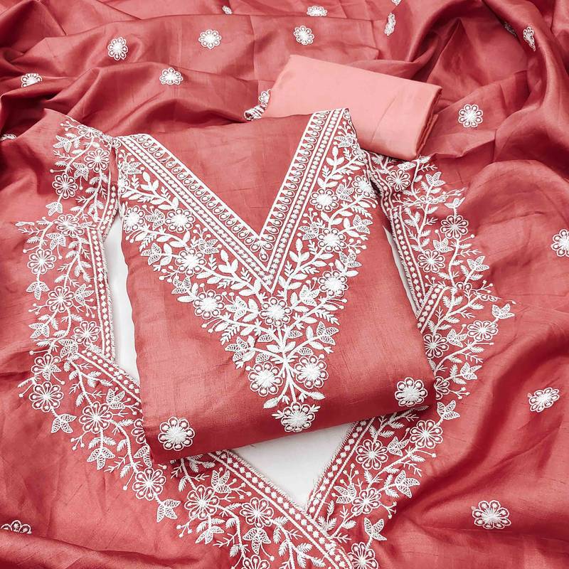 pink cotton blend embroidered unstitched dressmaterials 3 pair top bottom dupptaa