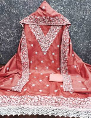 pink cotton blend embroidered unstitched dressmaterials 3 pair top bottom dupptaa 2