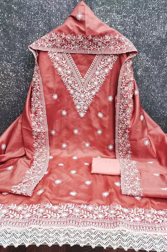 pink cotton blend embroidered unstitched dressmaterials 3 pair top bottom dupptaa