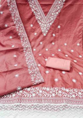 pink cotton blend embroidered unstitched dressmaterials 3 pair top bottom dupptaa 3