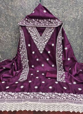 purple cotton blend embroidered unstitched dressmaterials 3 pair top bottom dupptaa 1