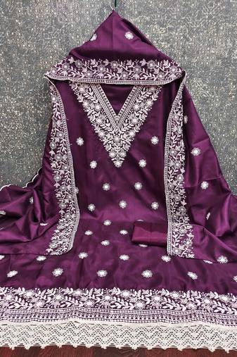 purple cotton blend embroidered unstitched dressmaterials 3 pair top bottom dupptaa