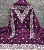 purple cotton blend embroidered unstitched dressmaterials 3 pair top bottom dupptaa