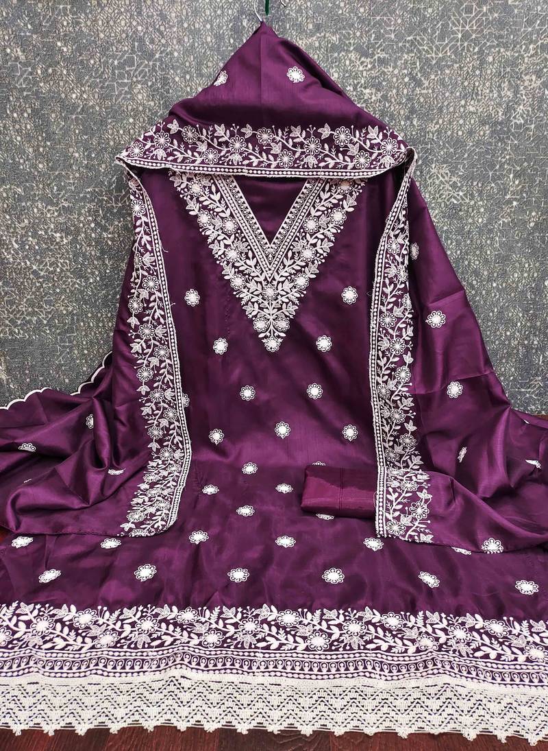 purple cotton blend embroidered unstitched dressmaterials 3 pair top bottom dupptaa